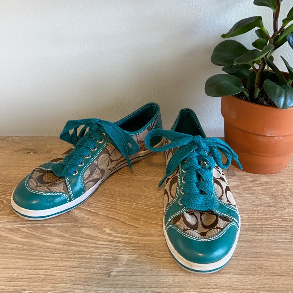 Coach Brodi Teal & Brown Tie Up Sneaker Tennis Shoes, 8